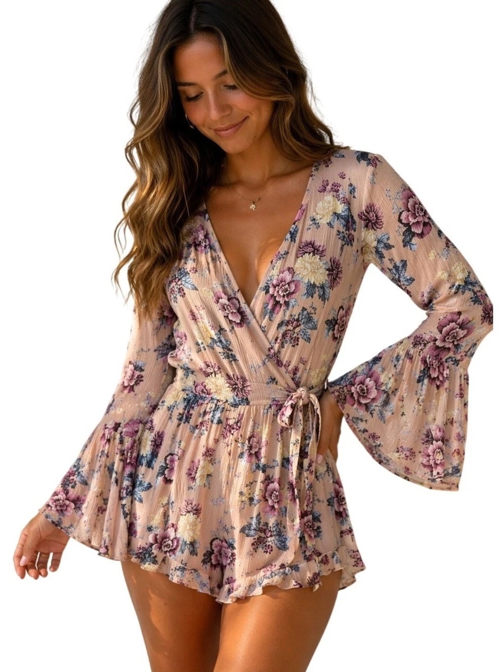 American Eagle Outfitters Floral Wrap Romper in Blush Pink